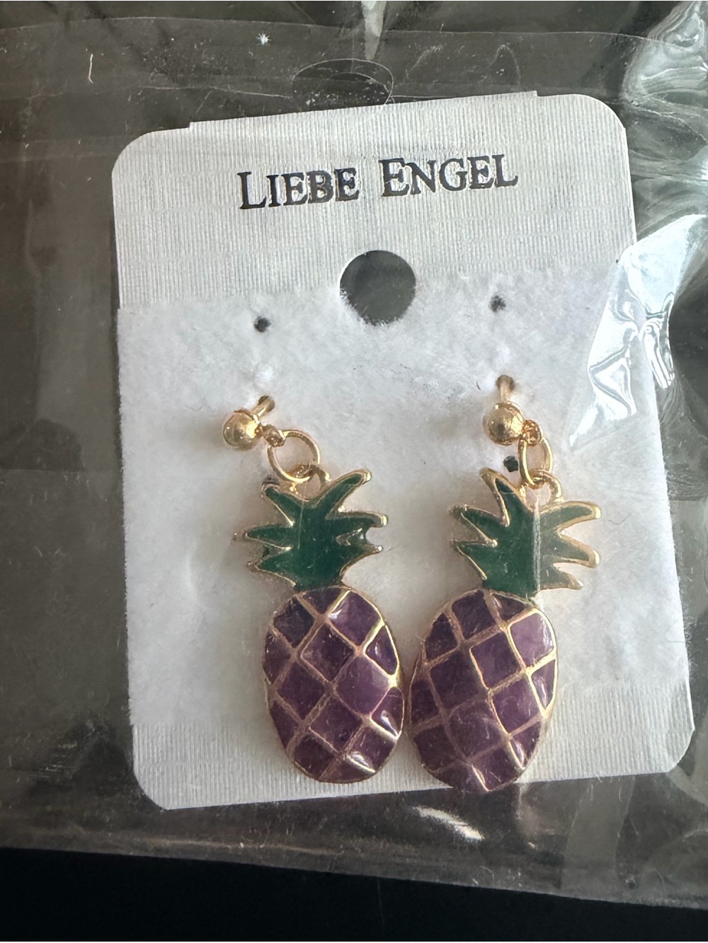 Gold-Tone Purple Pineapple Drop Earrings with Green Tops